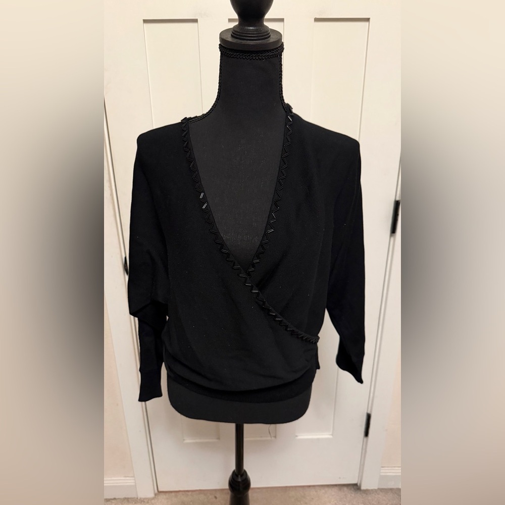DANA BUCHMAN 100% Silk Beaded Wrap Cardigan Black Size XL